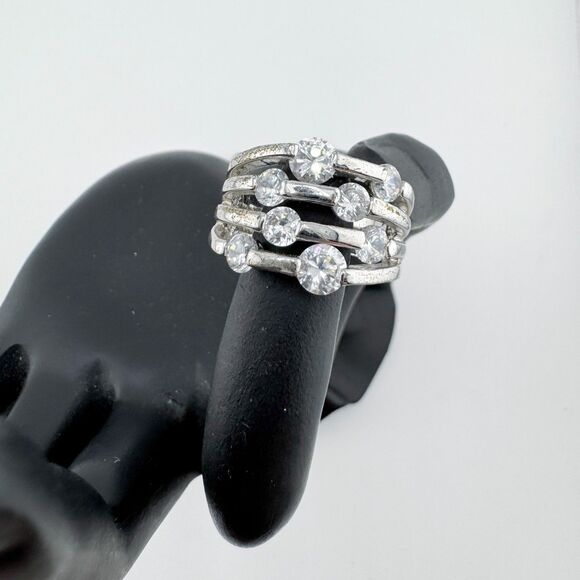 Vintage Silver Tone Multi Row Rhinestone Ring Modernist Statement Cocktail 1980s - Picture 3 of 7